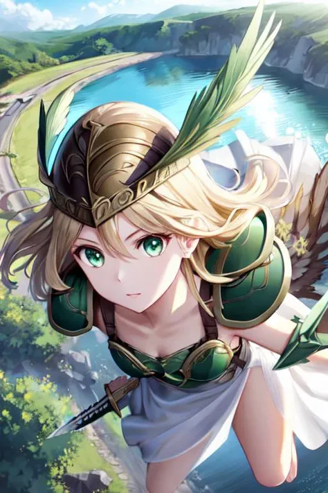 perfect anatomy,professional lighting, outdoor,<lora:valkyrienodensetsu_valkyrie:0.6> vndvalkyrie, winged helmet, armored dress, sword, shield, green eyes <lora:lora:0.4> flying girl <lora:EllaNyan:0.8> ellanyan,from above,jump