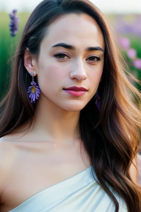 photo of extremely sexy ( Meli554nth1M4hut01-290:0.99), a woman as a sexy fitness Instructor, closeup portrait, Wispy, layered bangs, ( A faint line of worry on the forehead ), (( Satin wrap dress)), (( A tranquil, sunlit lavender field with rows of fragrant purple blooms )), (masterpiece:1.5) (photorealistic:1.1) (bokeh) (best quality) (detailed skin texture pores hairs:1.1) (intricate) (8k) (HDR) (wallpaper) (cinematic lighting) (sharp focus), eyeliner, painted lips, (earrings)