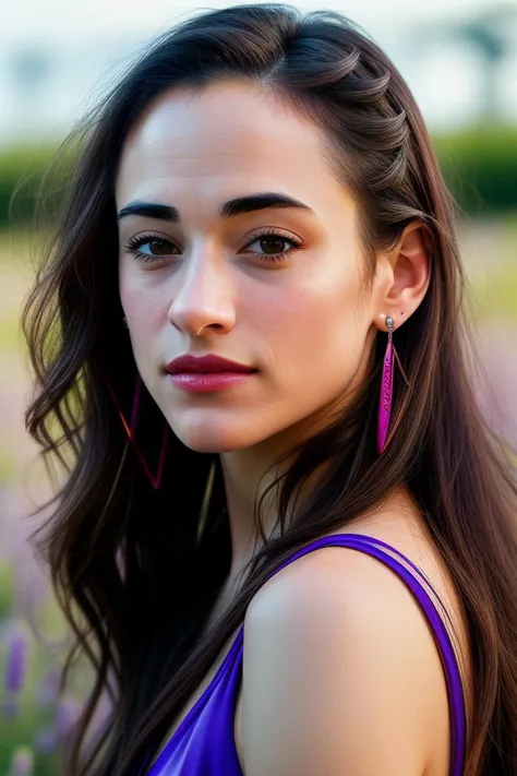 photo of extremely sexy ( Meli554nth1M4hut01-290:0.99), a woman as a sexy fitness Instructor, closeup portrait, Wispy, layered bangs, ( A faint line of worry on the forehead ), (( Satin wrap dress)), (( A tranquil, sunlit lavender field with rows of fragrant purple blooms )), (masterpiece:1.5) (photorealistic:1.1) (bokeh) (best quality) (detailed skin texture pores hairs:1.1) (intricate) (8k) (HDR) (wallpaper) (cinematic lighting) (sharp focus), eyeliner, painted lips, (earrings)