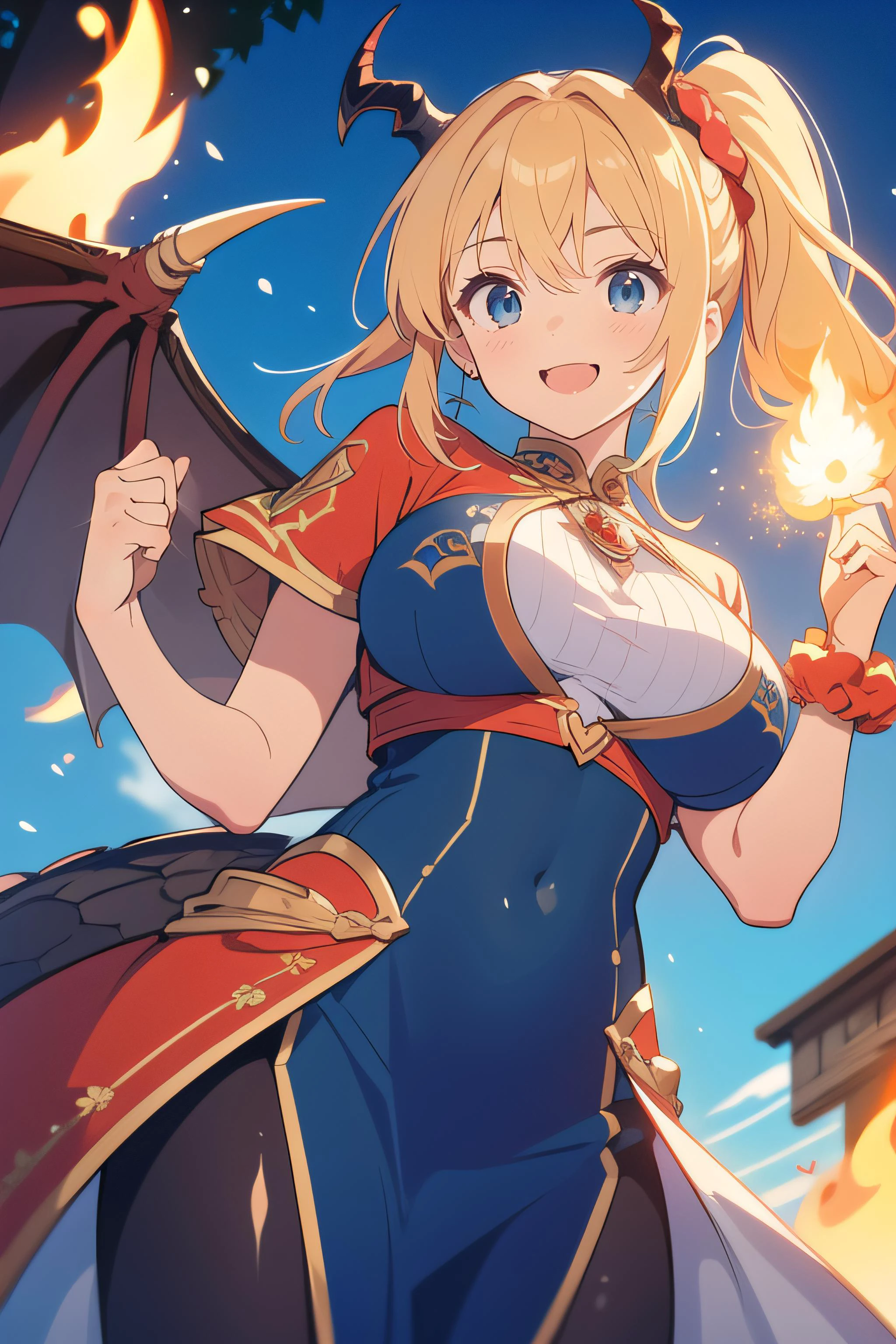(masterpiece, absurdres),(best quality, high quality:1.4),((dragon girl, cosplay, dragon horns)),blonde hair,Side ponytail,hair scrunchie,hair ornament,blue scrunchie,Swept bangs,blue eyes,big breasts,10 heads tall,nice hands,perfect hands,<lyco:GoodHands-beta2:1>,
BREAK
perfect body,evil smile,flame,spirit,outside,lens flare,set fire to,cowboy_shot,dynamic_angle,(((from_below))),depth_of_field,