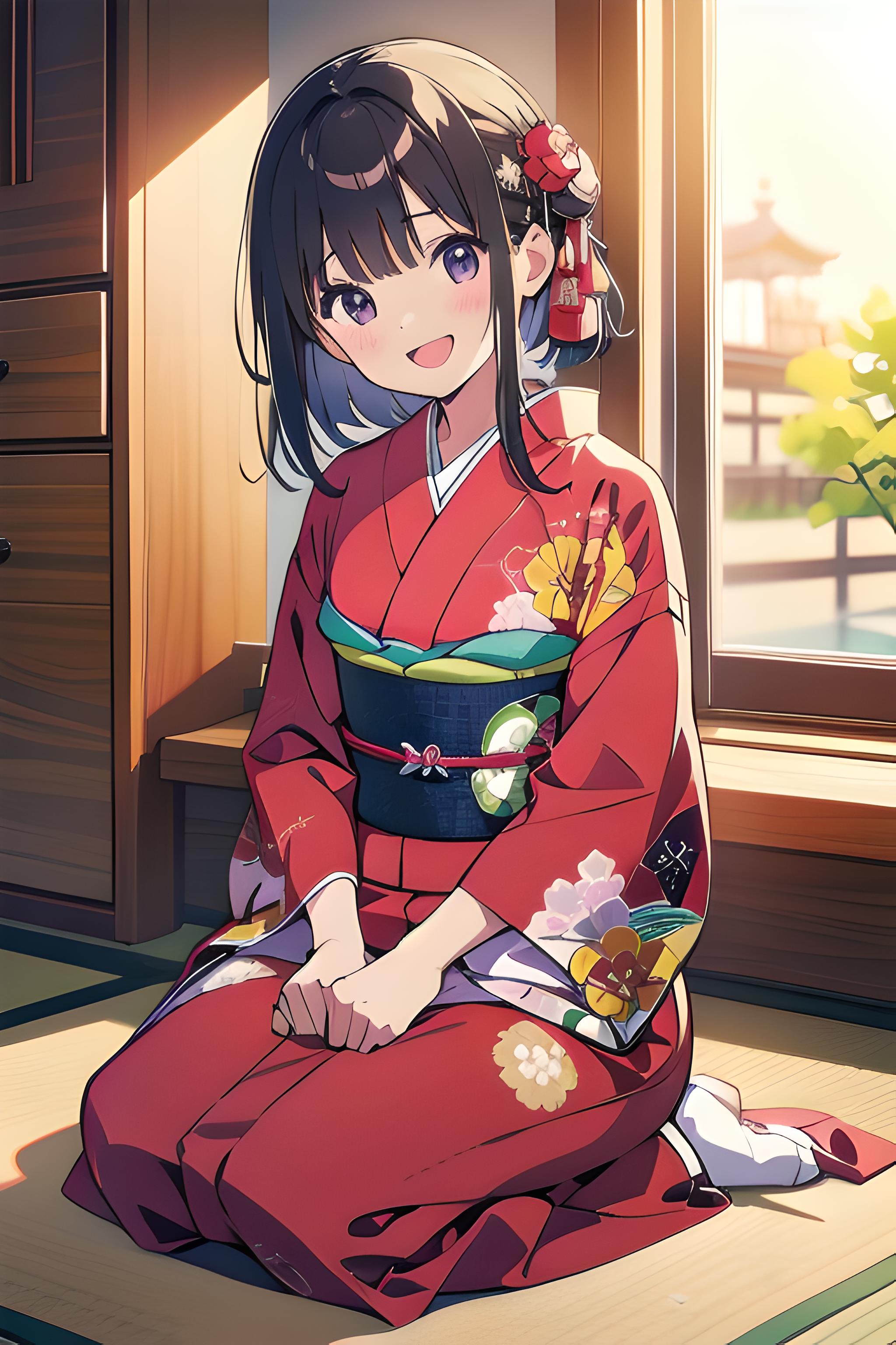 Anime girl in kimono outfit sitting on floor in front of window - SeaArt AI