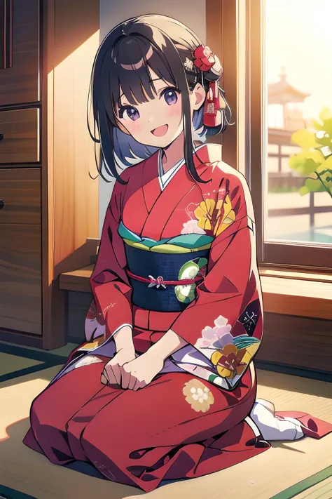 absurdres,1girl,seiza,sit on the floor,:d,head_tilt,New year's greeting,kimono,from front,