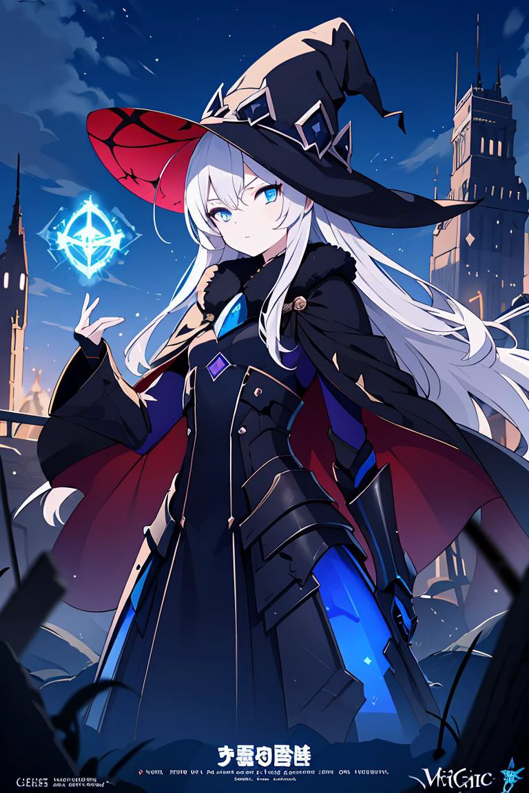 1girl,solo, white hair, ahoge, absurdly long hair, blue eyes, small breasts, expressionless, half-closed eyes, pale skin, witch outfit, ruins, blue magic, futuristic, armored, glow, cold attitude, technology, energy, night, energy particles, evil, serious, villain, dark, cape, portal, movie poster