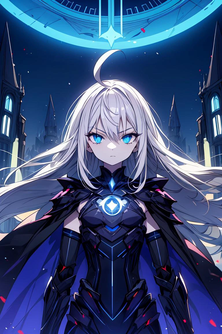 1girl,solo, white hair, ahoge, absurdly long hair, blue eyes, flat chest, expressionless, half-closed eyes, pale skin, witch outfit, ruins, blue magic, futuristic, armored, glow, cold attitude, technology, energy, night, energy particles, evil, villain, dark, cape, portal, movie poster, castle, <lora:add_detail:1>, <lora:r1ge - AnimeRage:0.3>