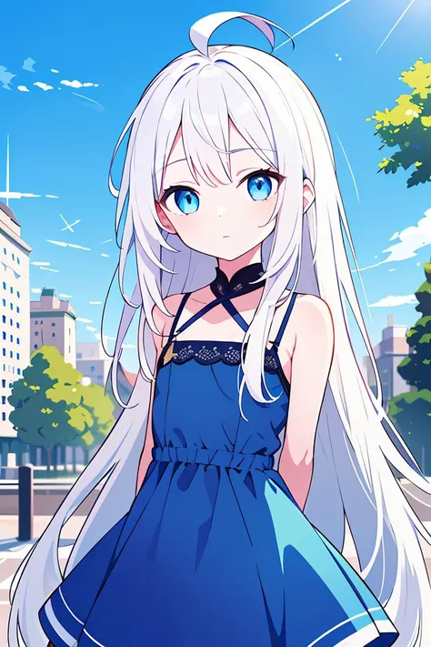 1girl,solo, white hair, ahoge, absurdly long hair, blue eyes, flat chest, expressionless, park, blue sky, trees, blue dress, white trim, hands behind back, tyndal effect, bokeh, buildings, half-closed eyes, pale skin