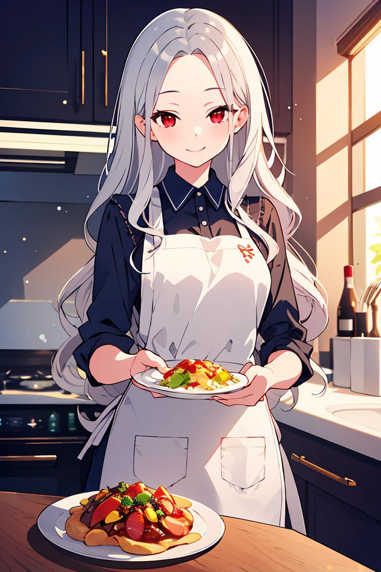 masterpiece, best quality, highly detailed, 1girl, solo, long hair, silver hair, (wavy hair:1.1), (forehead:1.2), red eyes, mature, adult, medium breasts, kitchen, preparing food, happy, bokeh, tyndal effect, light particles, apron, holding plate, half-closed eyes, looking at viewer