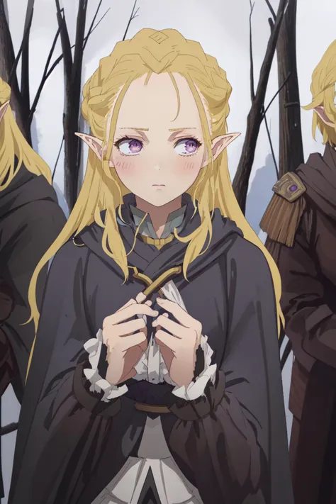 best quality, amazing intricate <lora:Dine001:0.7> Di_ne, 1elf, purple eyes, braid, blonde hair, long hair, (french braid:1.1), (cloak:1.1), shirt, corset, upper body <lora:eye-lookleft_01:0.6> blush