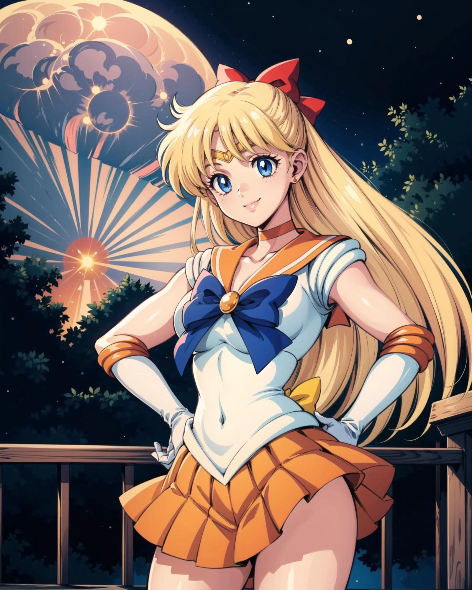 highres, sv1, sailor senshi uniform, orange skirt, elbow gloves, tiara, pleated skirt, miniskirt, red bow, orange choker, white gloves, jewelry, <lora:sailor_venus_v2:0.7>, night, moon, cowboy shot, standing, hand on hip, smile, 1990s \(style\),<lora:add_detail:0.65>, masterpiece, best quality, perfect composition,