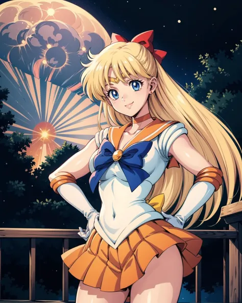 highres, sv1, sailor senshi uniform, orange skirt, elbow gloves, tiara, pleated skirt, miniskirt, red bow, orange choker, white gloves, jewelry, <lora:sailor_venus_v2:0.7>, night, moon, cowboy shot, standing, hand on hip, smile, 1990s \(style\),<lora:add_detail:0.65>, masterpiece, best quality, perfect composition,