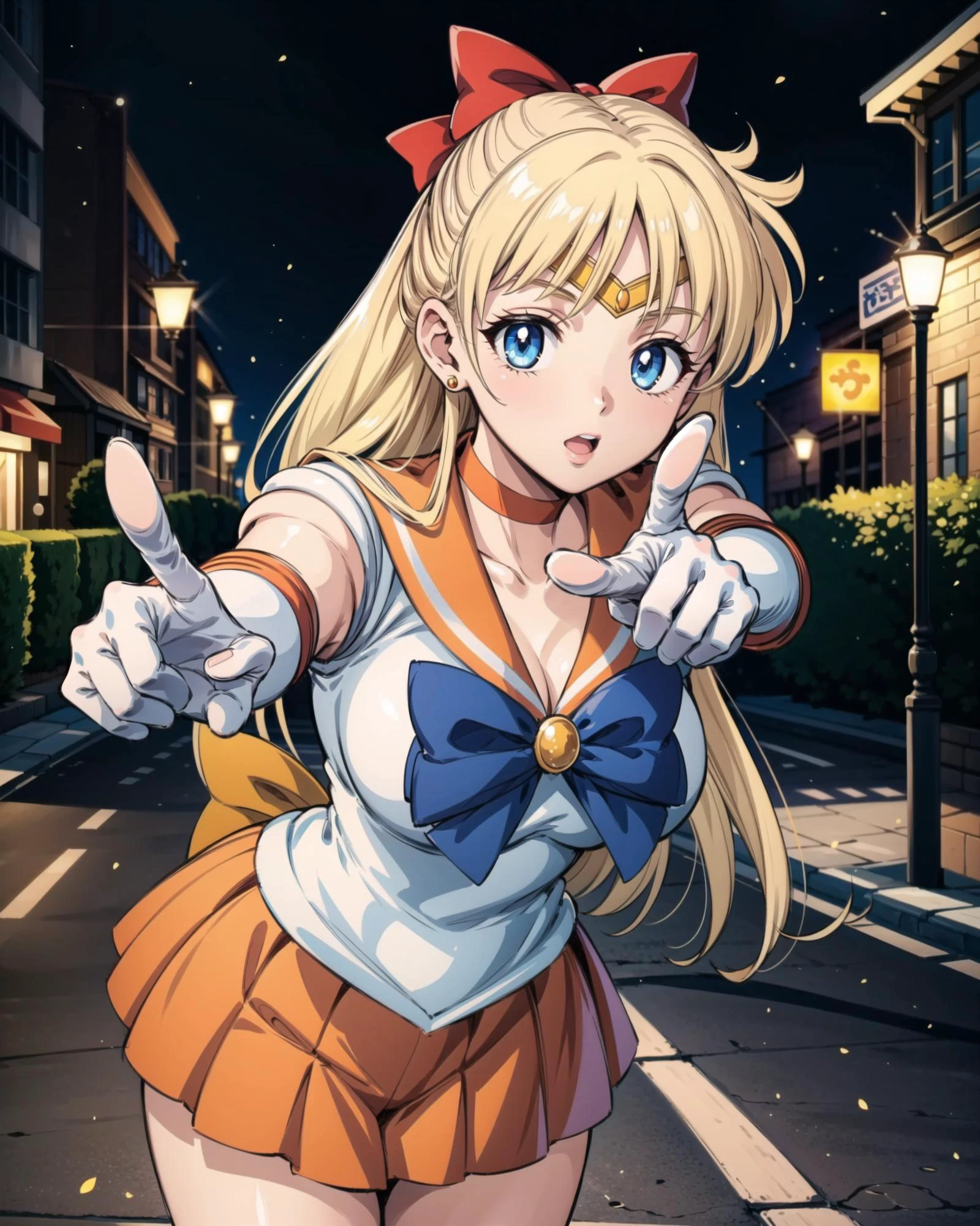sv1, sailor senshi uniform, orange skirt, elbow gloves, tiara, pleated skirt, miniskirt, red bow, orange choker, white gloves, jewelry, <lora:sailor_venus_v2:0.7>, outdoors, street, cowboy shot, leaning forward, pointing at viewer, <lora:add_detail:0.65>, masterpiece, best quality, perfect composition,
