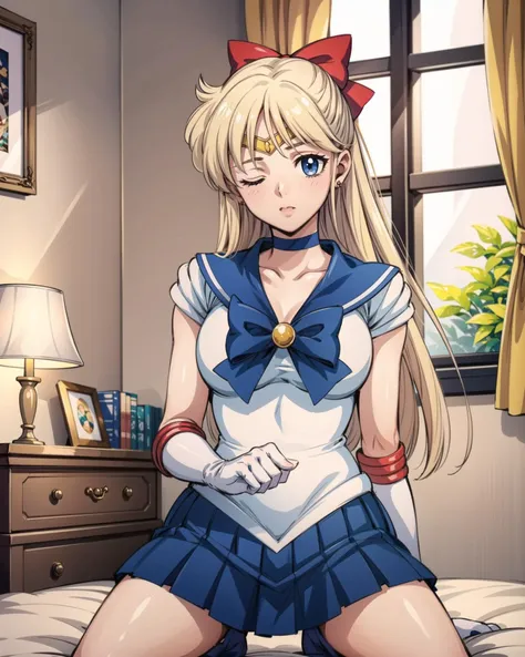 highres, sv1, kneeling, indoors, bedroom, sailor senshi uniform, blue skirt, elbow gloves, tiara, blue sailor collar, red bow, blue choker, white gloves, jewelry, hair covering one eye,<lora:sailor_venus_v2:0.75>,<lora:add_detail:0.65>, masterpiece, best quality, perfect composition,