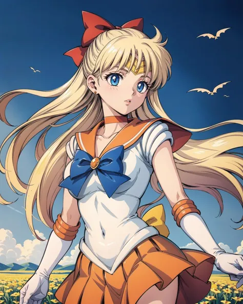 highres, sv1, sailor senshi uniform, orange skirt, elbow gloves, tiara, orange sailor collar, red bow, orange choker, white gloves, jewelry, <lora:sailor_venus_v2:0.7>, cowboy shot, senset, wind, field, (1990s \(style\):0.9),<lora:add_detail:0.65>, masterpiece, best quality, perfect composition,