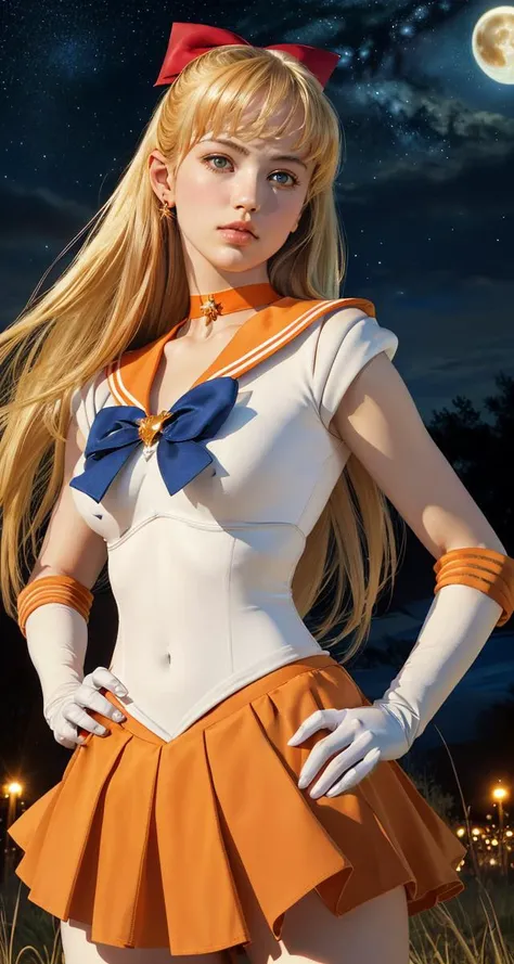 (8k, best quality, masterpiece:1.2), (realistic, photo-realistic:1.4), ultra-detailed, upper body shot, Sailor Venus, sv1, sailor senshi uniform, orange skirt, white elbow gloves, tiara, orange sailor collar, red bow, orange choker, white gloves, jewelry, looking at viewer, hands on hips <lora:sailor_venus_v2:0.7> giant full moon, starry sky background