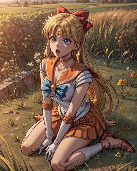 highres, sv1, sailor senshi uniform, orange skirt, elbow gloves, tiara, orange sailor collar, red bow, orange choker, white gloves, jewelry, <lora:sailor_venus_v2:0.7>, wariza, field, grass, :o, high heels,<lora:add_detail:0.65>, masterpiece, best quality, perfect composition,