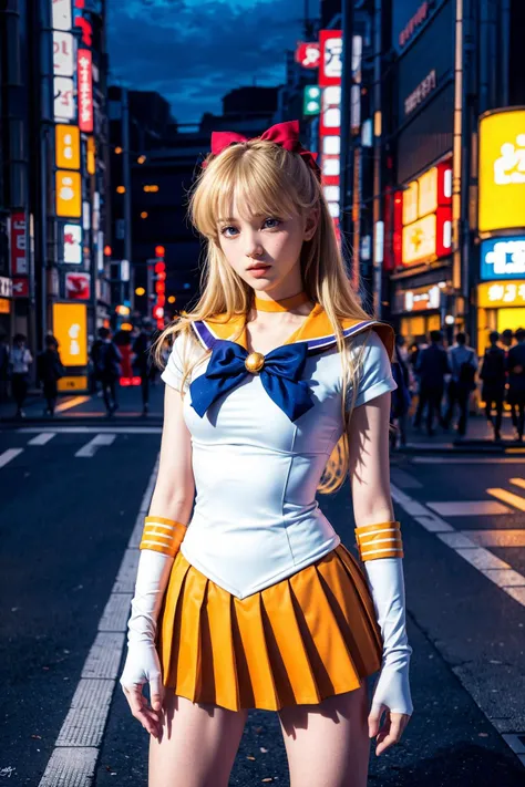 <lora:sailor_venus_v2:0.9>,masterpiece, best quality, sv1, sailor senshi uniform, orange skirt, elbow gloves, tiara, pleated skirt, miniskirt, red bow, orange choker, white gloves, jewelry,cowboy shot, standing,
(((tokyo background:1.2))), city lights, ((neon lights:1.2)),night sky, no humans, real world location, road, street, tokyo \(city\),
<lora:epiNoiseoffset_v2:1>, <lora:more_details:0.6>