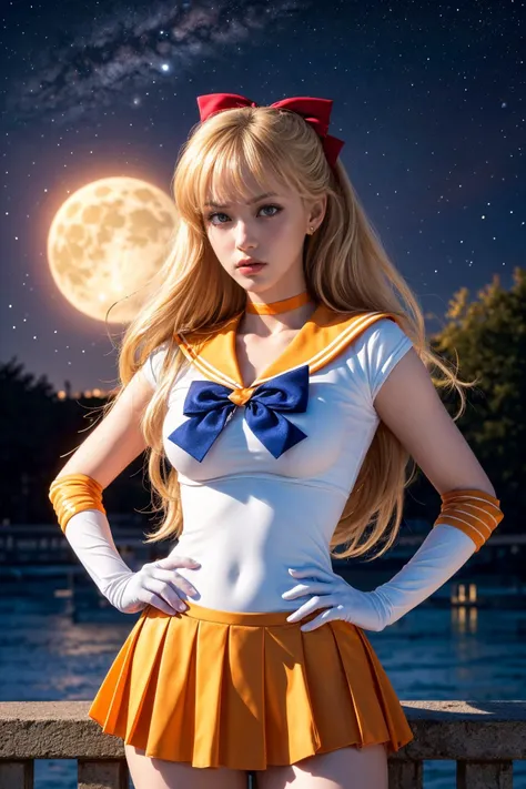 (8k, best quality, masterpiece:1.2), (realistic, photo-realistic:1.4), ultra-detailed, upper body shot, Sailor Venus, sv1, sailor senshi uniform, orange skirt, white elbow gloves, tiara, orange sailor collar, red bow, orange choker, white gloves, jewelry, looking at viewer, hands on hips <lora:sailor_venus_v2:0.7> giant full moon, starry sky background
super extremely ultra detailed (hair,eyes,iris,skin,cloth texture),
(sharp focus),(denoise),(raw photo,8k uhd),(extremely fine,best quality),illustration,intricate,
<lora:epiNoiseoffset_v2:1>, <lora:more_details:0.6>