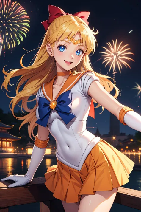 masterpiece, best quality, highres, absurdres, ultra detailed, pretty eyes, perfect pussy
sv1, sailor senshi uniform, orange skirt, elbow gloves, tiara, orange sailor collar, red bow, orange choker, white gloves, jewelry
smile, happy, excited
outside, temple, night fireworks in background
<lora:sailor_venus_v2:0.7>