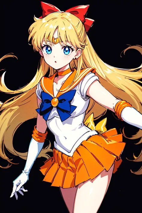 masterpiece, best quality, highres, sv1, sailor senshi uniform, orange skirt, elbow gloves, tiara, pleated skirt, orange sailor collar, red bow, orange choker, white gloves, jewelry, <lora:sailor_venus_v2:0.7>, (1990s \(style\):0.9), cowboy shot,