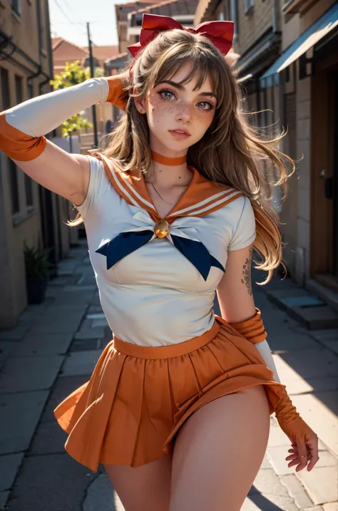 (masterpiece, best quality, high resolution:1.2), (seductive pose:1.2), (dynamic angle), detailed background,
casual photography, HDR, natural light, (anti-aliasing:1.2), elegant, soft scattered light, realistic proportions, limited palette, backlit, accent lighting, (neutral colors:1.3), cross process, cinematic lighting, coherent light, coherent shadows,
detailed face, detailed eyes, detailed skin, extremely detailed, intricate details, <lora:ZH_Mushyee_v1:0.9> 1girl, zh_mushyee_normalgirl, solo, long hair, tattoo, realistic, freckles, lips, looking at viewer, zh_mushyee_cosplaygirl, <lora:sailor_venus_v2:0.98> sv1, sailor senshi uniform, orange skirt, elbow gloves, tiara, orange sailor collar, red bow, orange choker, white gloves, jewelry, pleated skirt, bow