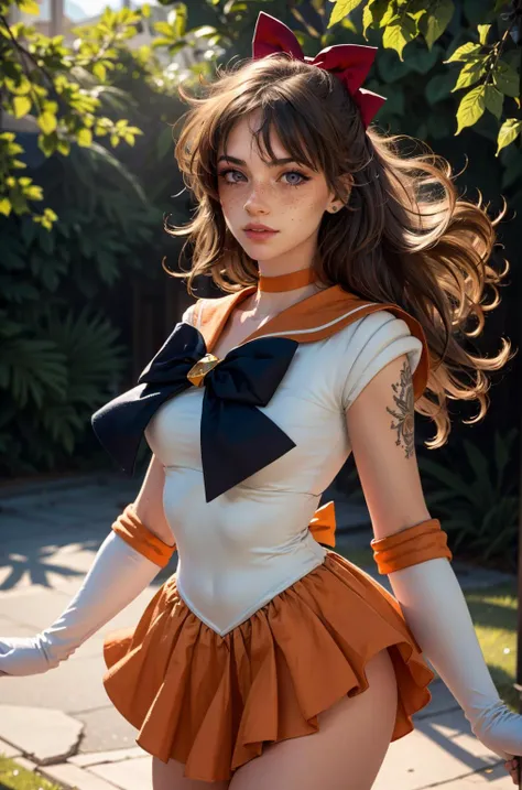 (masterpiece, best quality, high resolution:1.2), (seductive pose:1.2), (dynamic angle), detailed background,
casual photography, HDR, natural light, (anti-aliasing:1.2), elegant, soft scattered light, realistic proportions, limited palette, backlit, accent lighting, (neutral colors:1.3), cross process, cinematic lighting, coherent light, coherent shadows,
detailed face, detailed eyes, detailed skin, extremely detailed, intricate details, <lora:ZH_Mushyee_v1:0.9> 1girl, zh_mushyee_normalgirl, solo, long hair, tattoo, realistic, freckles, lips, looking at viewer, zh_mushyee_cosplaygirl, <lora:sailor_venus_v2:0.98> sv1, sailor senshi uniform, orange skirt, elbow gloves, tiara, orange sailor collar, red bow, orange choker, white gloves, jewelry, pleated skirt, bow