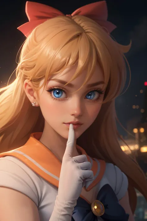 (masterpiece, best quality:1.2), highly detailed, unreal engine render, intricate, ultra hd, 8k uhd, dslr, film grain, F4, sharp focus, Fujifilm XT3, (cinematic lighting, rim lighting, hazy atmosphere, outdoors:1.3), city, soft lighting, depth of field, 1girl, solo, (close up, portrait:1.2), looking at viewer, <lora:sailor_venus_v1:1> venus1, aino minako, sailor venus, sailor senshi uniform, elbow gloves, tiara, orange sailor collar, red bow, orange choker, jewelry