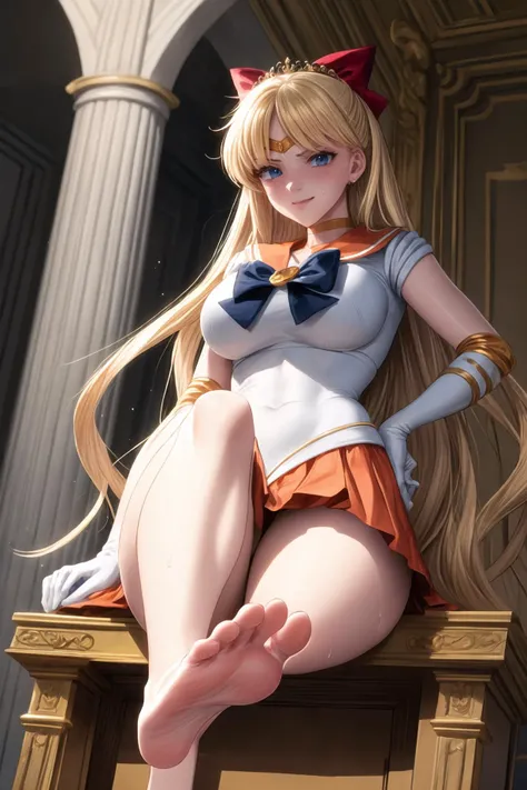 Queen <lora:C-SailorVenus_2-.7i:0.7> sv1, sailor senshi uniform, orange skirt, elbow gloves, tiara, orange sailor collar, red bow, orange choker, white gloves, jewelry
(tsundere, sitting on trone), smirk, (foot from below, barefoot)
<lora:XFI-FeetFromBelow-.7:0.7> FFA, leg up, sole, feet
, curvy, thick arms, large breasts,(smell, sweat)
at throne room with gold, columns, curtains, (detailed background)
light from the side masterpiece, best quality, detailed eyes, 4k, highres
<lora:U-AddMoreDetails-.5_2:0.6>