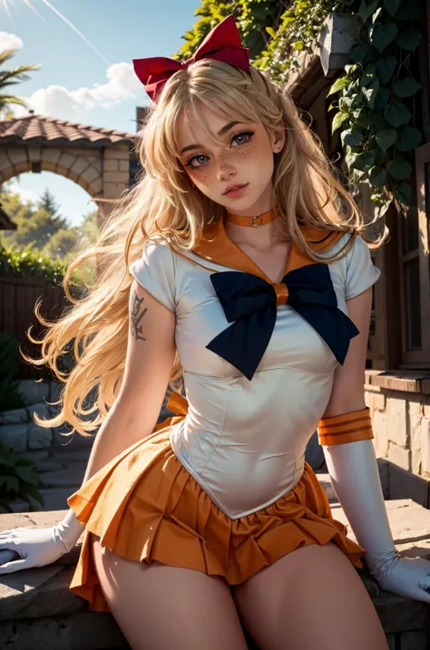 (masterpiece, best quality, high resolution:1.2), (seductive pose:1.2), (dynamic angle), detailed background,
casual photography, HDR, natural light, (anti-aliasing:1.2), elegant, soft scattered light, realistic proportions, limited palette, backlit, accent lighting, (neutral colors:1.3), cross process, cinematic lighting, coherent light, coherent shadows,
detailed face, detailed eyes, detailed skin, extremely detailed, intricate details, <lora:ZH_Mushyee_v1:0.9> 1girl, zh_mushyee_normalgirl, solo, long hair, tattoo, realistic, freckles, lips, looking at viewer, zh_mushyee_cosplaygirl, <lora:sailor_venus_v2:0.98> sv1, sailor senshi uniform, orange skirt, elbow gloves, tiara, orange sailor collar, red bow, orange choker, white gloves, jewelry, pleated skirt, bow