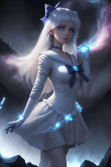 (Masterpiece, best quality), 1girl, solo, svl, iridescent long blonde hair, (detailed face and eyes):1.2, aesthetic:1.3, hyperrealism, photorealistic:1.1, <lora:sailor_venus_v2:0.8> sailor senshi uniform, elbow gloves, tiara, orange choker, white gloves, flared skirt, orange hairbow, jewelry, <lora:Gloomifier_V2_TheGlow:1.6> glowing eyes, a visible electricity current is connected between her two hands and sparkling brightly, She is looking at the viewer in a sexy action pose. The artwork should have dramatic and cinematic lighting, including rim and volumetric lighting effects. Use a vibrant color theme and detailed textures to enhance the realism. The angle should be dynamic and slightly tilted (Dutch angle) for added drama. The background should be a fantasy setting with a waterfall, ethereal sky, nebula clouds, star clusters, and a supernova. All visual elements rendered in V-Ray to create a visually stunning masterpiece:1.2, <lora:difConsistency_photo:0.2>