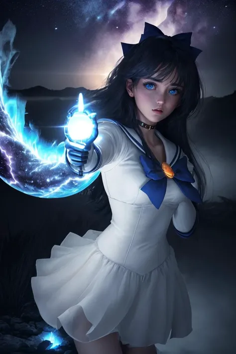 (Masterpiece, best quality), 1girl, solo, svl, iridescent long blonde hair, (detailed face and eyes):1.2, aesthetic:1.3, hyperrealism, photorealistic:1.1, <lora:sailor_venus_v2:0.8> sailor senshi uniform, elbow gloves, tiara, orange choker, white gloves, orange hairbow, jewelry, <lora:Gloomifier_V2_TheGlow:1.6> glowing eyes, a visible electricity current is connected between her two hands and sparkling brightly, She is looking at the viewer in a sexy action pose. The artwork should have dramatic and cinematic lighting, including rim and volumetric lighting effects. Use a vibrant color theme and detailed textures to enhance the realism. The angle should be dynamic and slightly tilted (Dutch angle) for added drama. The background should be a fantasy setting with a waterfall, ethereal sky, nebula clouds, star clusters, and a supernova. All visual elements rendered in V-Ray to create a visually stunning masterpiece:1.2, <lora:difConsistency_photo:0.2>