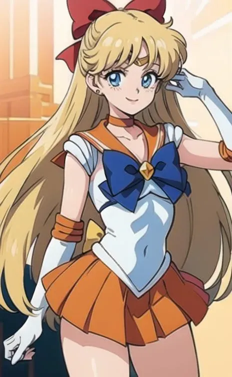 beautiful, masterpiece, best quality, masterpiece, best quality, highres, venus1, 1girl, solo, sailor senshi uniform, sailor venus, aino minako, blonde hair, magical girl, blue eyes, orange skirt, elbow gloves, tiara, pleated skirt, hair bow, orange sailor collar, miniskirt, choker, red bow, orange choker, white gloves, very long hair, jewelry, earrings, <lora:sailor_venus_v1:0.6>, cowboy shot, smile,