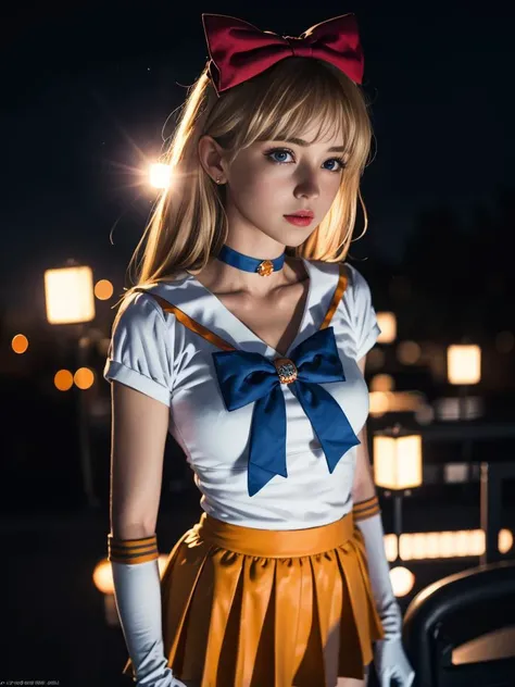 <lora:sailor_venus_v2:0.7>,1gril,standing,posing for a picture,cowboy shot,sv1,blonde long hair,sailor senshi uniform,orange skirt,elbow gloves,tiara,orange sailor collar,red bow,orange choker,white gloves,jewelry,outdoors,night,city,
masterpiece,best quality,highres,photorealistic,realistic,extremely detailed 8k wallpaper,highest detailed,8k,HDR,ultra detailed,professional light,cinematic lighting,fashion photography,ambient lighting,face lighting,