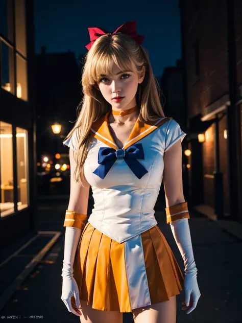 <lora:sailor_venus_v2:0.7>,1gril,standing,posing for a picture,cowboy shot,sv1,blonde long hair,sailor senshi uniform,orange skirt,elbow gloves,tiara,orange sailor collar,red bow,orange choker,white gloves,jewelry,outdoors,night,city,
masterpiece,best quality,highres,photorealistic,realistic,extremely detailed 8k wallpaper,highest detailed,8k,HDR,ultra detailed,professional light,cinematic lighting,fashion photography,ambient lighting,face lighting,