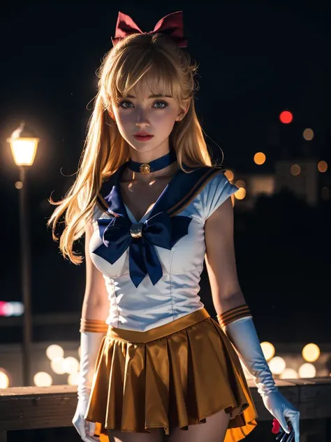 <lora:sailor_venus_v2:0.7>,1gril,standing,posing for a picture,cowboy shot,sv1,blonde long hair,sailor senshi uniform,orange skirt,elbow gloves,tiara,orange sailor collar,red bow,orange choker,white gloves,jewelry,outdoors,night,city,
masterpiece,best quality,highres,photorealistic,realistic,extremely detailed 8k wallpaper,highest detailed,8k,HDR,ultra detailed,professional light,cinematic lighting,fashion photography,ambient lighting,face lighting,