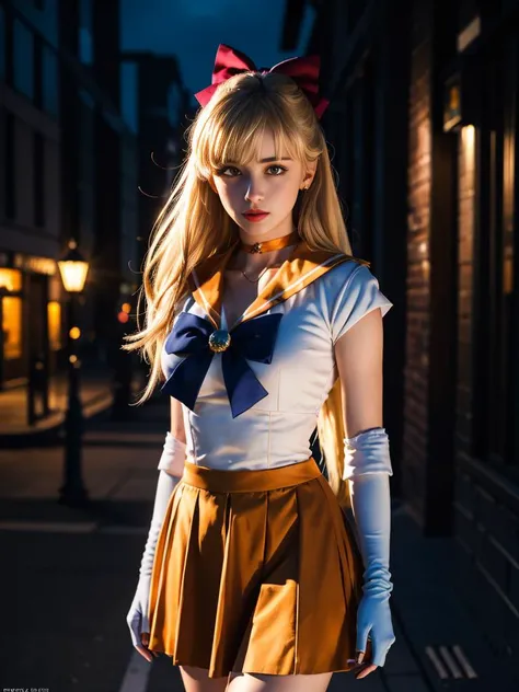 <lora:sailor_venus_v2:0.7>,1gril,standing,posing for a picture,cowboy shot,sv1,blonde long hair,sailor senshi uniform,orange skirt,elbow gloves,tiara,orange sailor collar,red bow,orange choker,white gloves,jewelry,outdoors,night,city,
masterpiece,best quality,highres,photorealistic,realistic,extremely detailed 8k wallpaper,highest detailed,8k,HDR,ultra detailed,professional light,cinematic lighting,fashion photography,ambient lighting,face lighting,