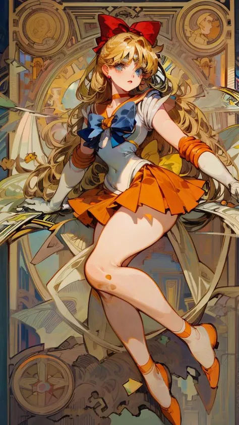 masterpiece,best qulity,8k,sailor venus,intricate,elegant,highly detailed,majestic,digital photography,broken glass,detailed face,detailed eyes,((by Alphonse Mucha)),sv1,sailor senshi uniform,orange skirt,elbow gloves,tiara,orange sailor collar,red bow,orange choker,white gloves,jewelry,<lora:sailor_venus_v2:0.7>,full body, <lora:add_detail:1>