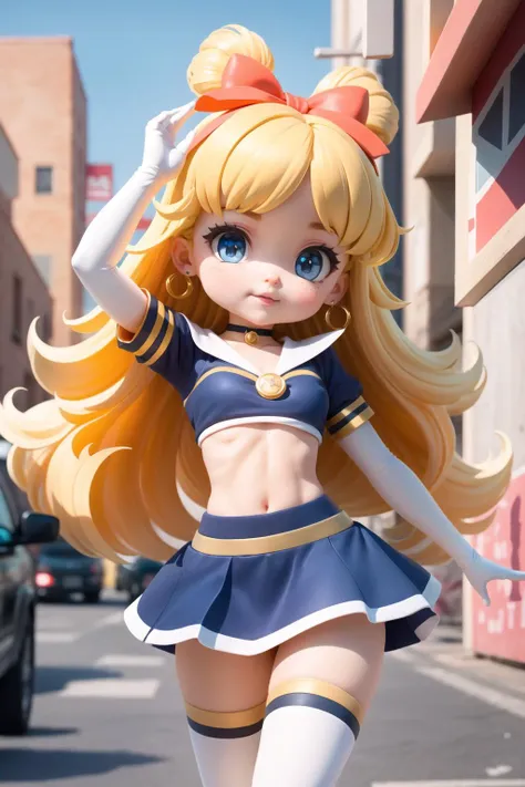 venus1, 1girl, solo, sailor senshi uniform, blonde hair, magical girl, blue eyes, elbow gloves, tiara, hair bow, orange sailor collar, choker, red bow, orange choker, white gloves, very long hair,  jewelry,  earrings, <lora:sailor_venus_v1_1:0.6>, micro bikini, embarrassed, street, cowboy shot, highleg,  chibi, <lora:blindbox_v1_mix:1>, beautiful_mistake-8500, ng_deepnegative_v1_75t