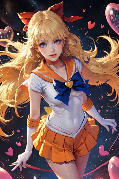(masterpiece, best quality;1.3), extremely detailed CG, ultra detailed, 1girl, solo, smile, looking at viewer, stylish ungle, blonde long hair,blue eyes,
<lora:sailor_venus_v1:0.9>sv1, sailor senshi uniform, orange skirt, elbow gloves, tiara, orange sailor collar, red bow, orange choker, white gloves, jewelry, from above,
many hearts, face focus,Venus,tornado,abstract background, hearts storm, haert beam, heart bubbles, heart baloons, haert stars, heart flowers, HEART LIGHTS, heart world, heart background, galaxy background, heart weapon, heart aura, <lora:heart_eyes:0.1>