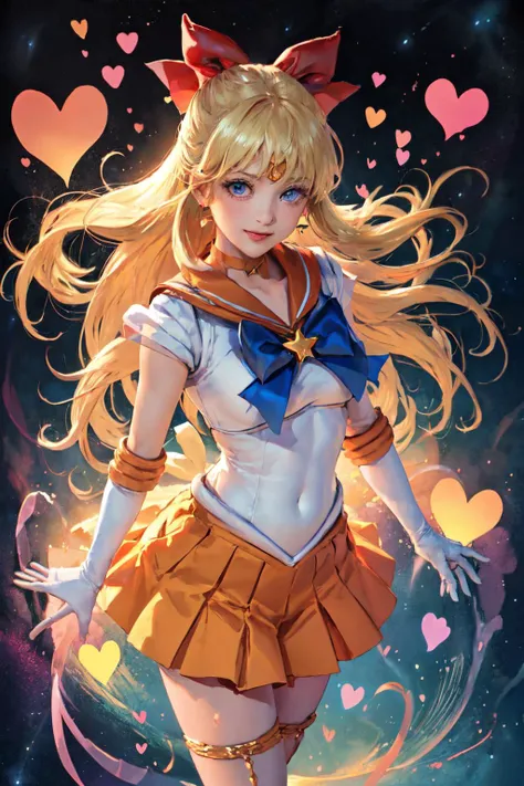 (masterpiece, best quality;1.3), extremely detailed CG, ultra detailed, 1girl, solo, smile, looking at viewer, stylish ungle, blonde long hair,blue eyes,
<lora:sailor_venus_v1:0.9>sv1, sailor senshi uniform, orange skirt, elbow gloves, tiara, orange sailor collar, red bow, orange choker, white gloves, jewelry, from above, rise arms,
many hearts, face focus,Venus,tornado,abstract background, hearts storm, haert beam, heart bubbles, heart baloons, haert stars, heart flowers, HEART LIGHTS, heart world, heart background, galaxy background, heart weapon, heart aura, <lora:heart_eyes:0.1>