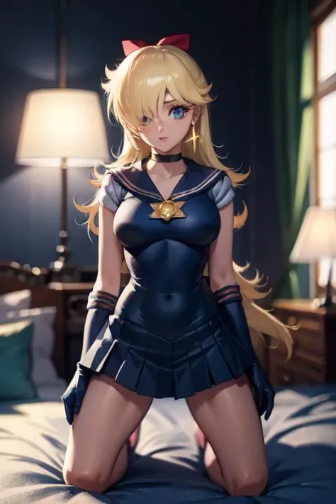 (best quality:1.1), (masterpiece:1.2), high quality shadow, beautiful detailed, (high detailed skin, skin details), beautiful face, detailed eyes, depth of field, dramatic light, best quality, highres, best shadow, best illumination, detailed face <lora:sailor_venus_v2:1> <lyco:GoodHands-beta2:1.0> <lora:ros1:1> star earrings, full body, kneeling, indoors, bedroom, sailor senshi uniform, blue skirt, elbow gloves, tiara, blue sailor collar, red bow, blue choker, white gloves, jewelry, hair covering one eye