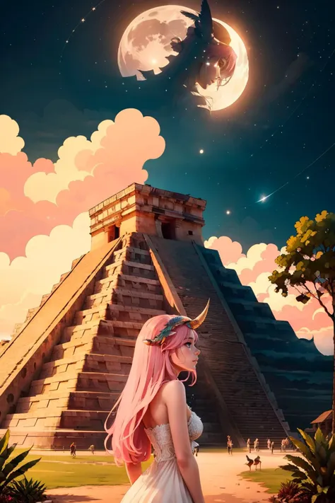 ((masterpiece, best quality)), <lora:Chichen_Itza:0.8>, high resolution, highly detailed,  Chichen_Itza, 1girl, solo, long hair, pink hair, horns, sky, cloud, tree, night, bird, moon, star (sky), night sky, starry sky