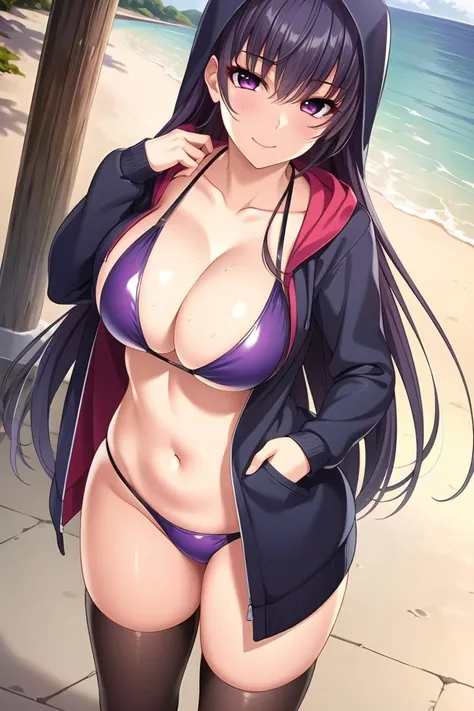 ((masterpiece)),((best quality)),ultra-detailed,illustratio,Explicit,Beautiful body,Beautiful Nose,Beautiful character design,perfect eyes,perfect face,wallpaper,ultra highres,4K,photography,(Beautiful,large breasts:1.5),(beautiful face:1.2),beautiful legs,perfect legs,nsfw,full body,shiny skin,Tachibana Fuuka,1girl, breasts, solo, swimsuit, bikini, thighhighs, purple hair, navel, looking at viewer, cleavage, smile, hood, shiny skin, hoodie, purple eyes, shiny, blue bikini, open hoodie, long hair, blue thighhighs, jacket, open clothes, beach, collarbone, bikini under clothes, skindentation, day, shiny hair, hood down, standing, hooded jacket, outdoors,<lora:Tachibana Fuuka:0.7>