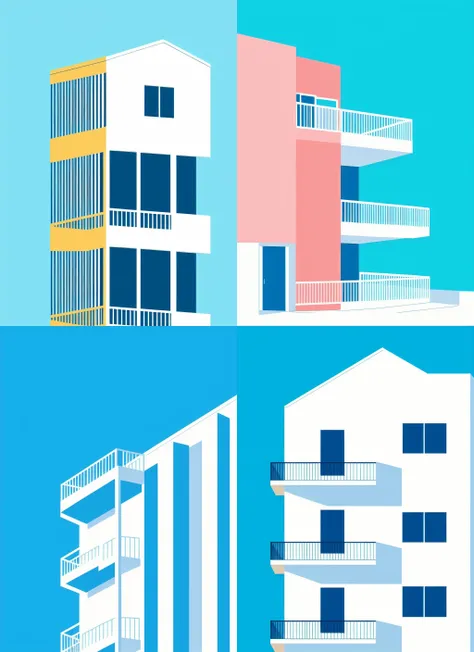 (masterpiece),(high quality), best quality, super detailed, (full detail),(4k),8k,no lineart, solo, 1girl, flat color, fence, standing, building, limited palette, blue background, simple background, railing, outdoors, sky, blue theme<lora:XSArchi_145:1>