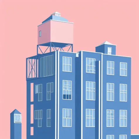 (masterpiece),(high quality), best quality,super detailed, (full detail),(4k),8k ,building, no humans, scenery, window, sky, outdoors, tower, blue sky, pink sky, pink background, door, house, city, watermark <lora:XSArchi_145:1>