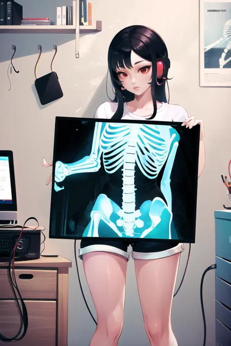 Highly detailed, High Quality, Masterpiece, beautiful, XRay, skeleton, x-ray, ribs, <lora:XRay:1>, solo, 1girl, full body, red eyes, black hair, long hair, shirt, white shirt, shorts, short shorts, black shorts,  cable, computer, controller, earphones, electric plug, string off fate ,wire