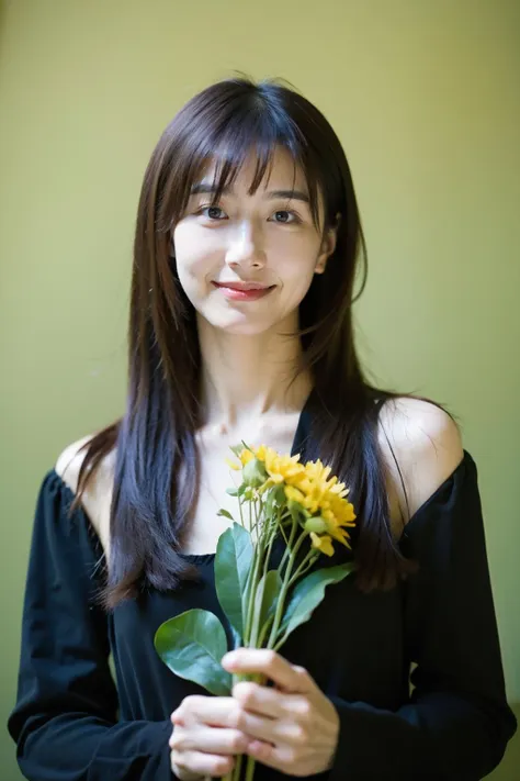 Best Quality,Masterpiece,Ultra High Resolution,(Realisticity:1.4),Original Photo,
1girl,smirk,hair with bangs,black long dress,flower,