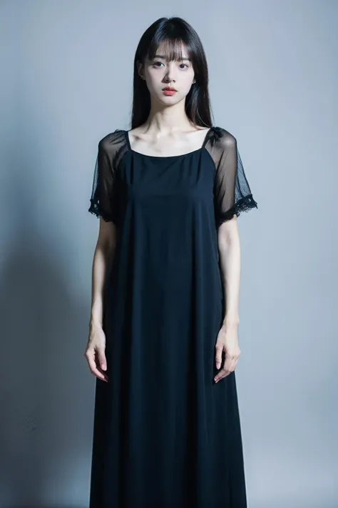 Best Quality,Masterpiece,Ultra High Resolution,(Realisticity:1.4),Original Photo,
1girl,hair with bangs,black long dress,