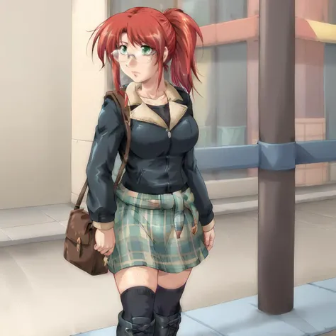 score_9, <lora:Bandi_XL:0.75> bandi, red hair, glasses, freckles, ponytail, side bangs, side_locks, sidelocks, green eyes, large breasts, tartan skirt, jacket, shirt, shoulder bag, boots, long black socks, thighhighs, <lora:Zyx_Do_You_Like_Horny_Bunnies_2_GameCG_Artstyle_PonyXL:1>