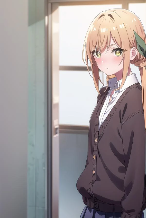 karaneinda, <lyco:karaneinda-lyco-nochekaiser:0.8>,
karane inda, blonde hair, (yellow eyes:1.5), hair ribbon, twintails, low twintails, long hair, (green ribbon:1.2), <lora:yudedako_noline_cheek_v100:1>, embarrassed,
BREAK skirt, shirt, school uniform, white shirt, pleated skirt, cardigan, white shirt, collar, black skirt, brown cardigan, long sleeves,
BREAK looking at viewer,
BREAK indoors, classroom, (cowboy shot:1.5),
BREAK <lyco:GoodHands-beta2:1>, (masterpiece:1.2), best quality, high resolution, unity 8k wallpaper, (illustration:0.8), (beautiful detailed eyes:1.6), extremely detailed face, perfect lighting, extremely detailed CG, (perfect hands, perfect anatomy),