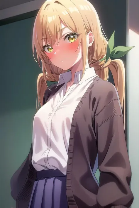 karaneinda, <lyco:karaneinda-lyco-nochekaiser:0.8>,
karane inda, blonde hair, (yellow eyes:1.5), hair ribbon, twintails, low twintails, long hair, (green ribbon:1.2), <lora:yudedako_noline_cheek_v100:1>, embarrassed,
BREAK skirt, shirt, school uniform, white shirt, pleated skirt, cardigan, white shirt, collar, black skirt, brown cardigan, long sleeves,
BREAK looking at viewer,
BREAK indoors, classroom, (cowboy shot:1.5),
BREAK <lyco:GoodHands-beta2:1>, (masterpiece:1.2), best quality, high resolution, unity 8k wallpaper, (illustration:0.8), (beautiful detailed eyes:1.6), extremely detailed face, perfect lighting, extremely detailed CG, (perfect hands, perfect anatomy),