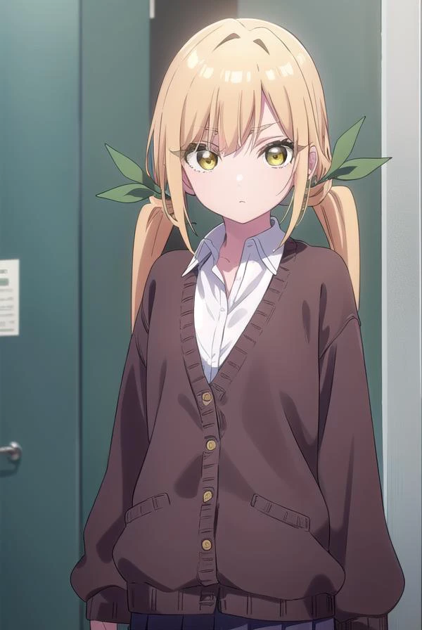 karaneinda, <lyco:karaneinda-lyco-nochekaiser:0.8>,
karane inda, blonde hair, (yellow eyes:1.5), hair ribbon, twintails, low twintails, long hair, (green ribbon:1.2),
BREAK skirt, shirt, school uniform, white shirt, pleated skirt, cardigan, white shirt, collar, black skirt, brown cardigan, long sleeves,
BREAK looking at viewer,
BREAK indoors, classroom, (cowboy shot:1.5),
BREAK <lyco:GoodHands-beta2:1>, (masterpiece:1.2), best quality, high resolution, unity 8k wallpaper, (illustration:0.8), (beautiful detailed eyes:1.6), extremely detailed face, perfect lighting, extremely detailed CG, (perfect hands, perfect anatomy),